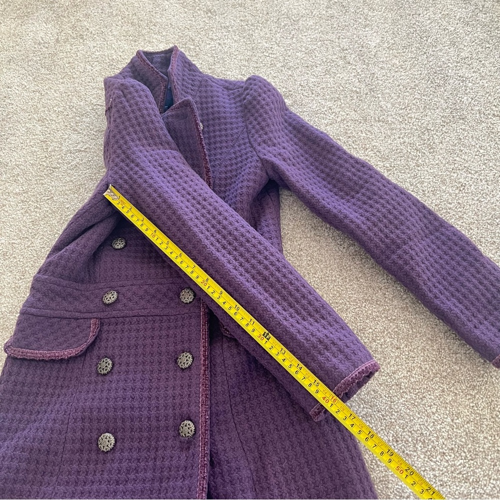 Purple Double Breasted Long Coat w Textured Waffle Knit Pattern Ornate Buttons - Picture 11 of 11